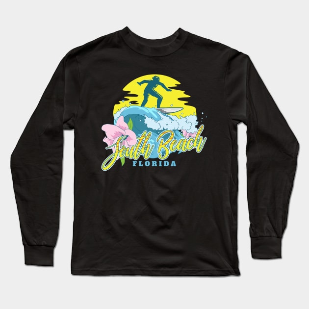 South Beach Florida Surfing Retro Long Sleeve T-Shirt by CreativeGiftShop